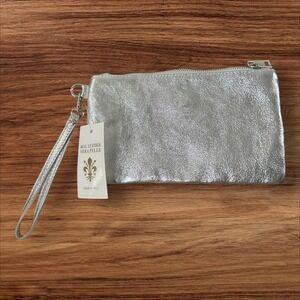 Silver Metallic Vera Pelle Leather Wristlet Pouch Clutch Made in Italy